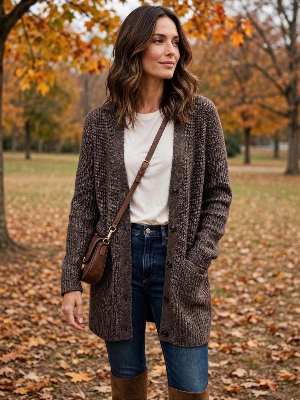 Ann Taylor Long Ribbed Open-Front Cardigan Women’s Sweater - Brown - Medium